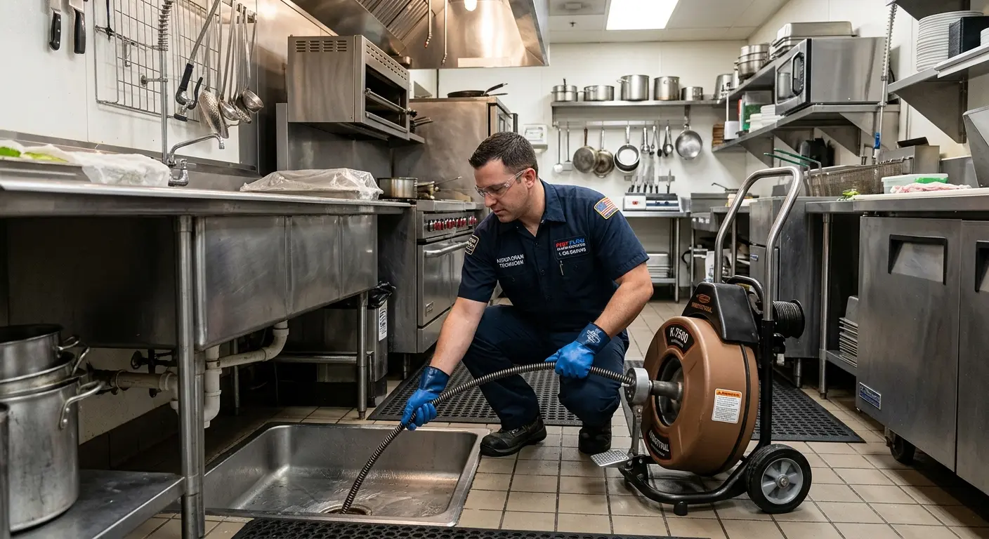 Commercial drain cleaning service in a restaurant kitchen in Orono